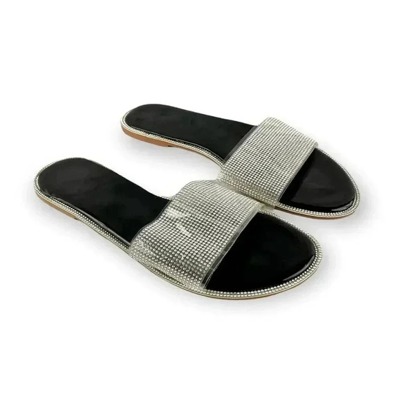 Rhinestone Clear One Band Slip On Sandals Flats Sz 10.5 EU 43 - Picture 1 of 7